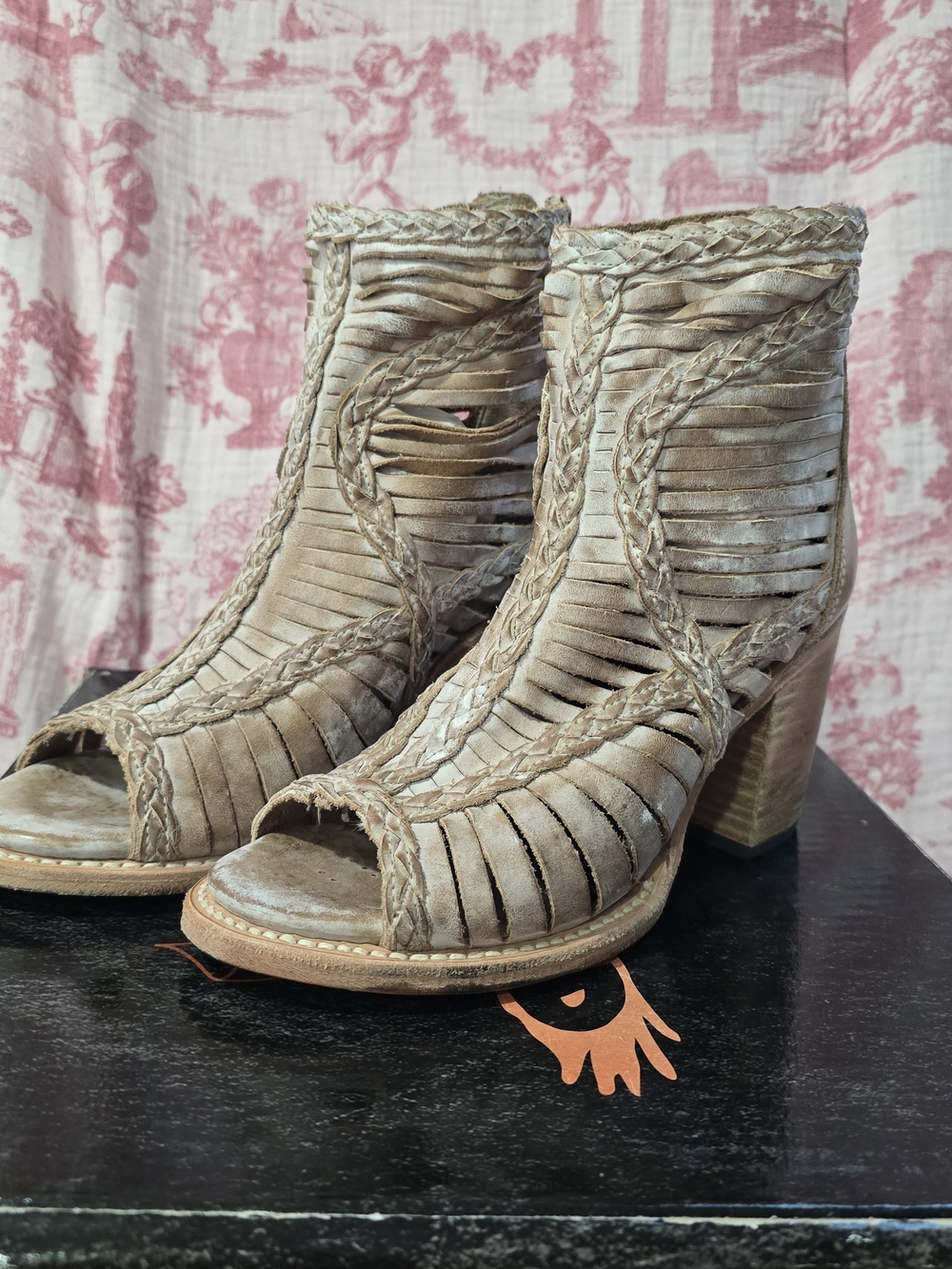 Freebird Taupe Braided Cutout Peep-Toe Block Heel Leather Sandals